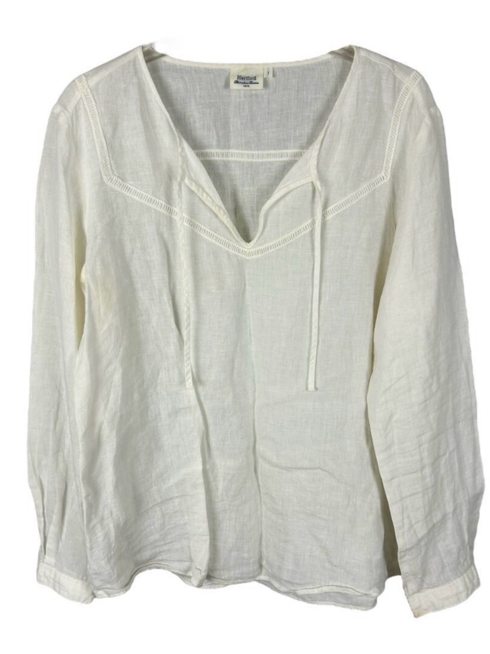Hartford White Linen Long Sleeve Tassle Tie Bohemian Casual Americana Top M